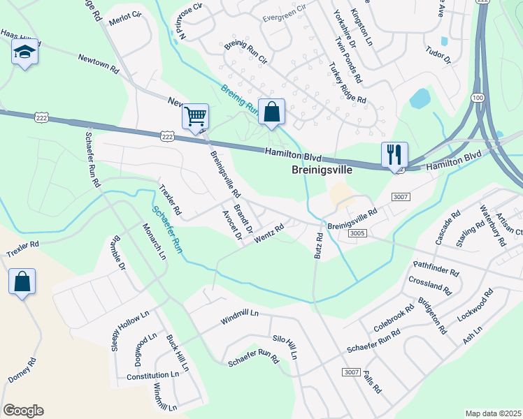 map of restaurants, bars, coffee shops, grocery stores, and more near 9111 Drake Drive in Breinigsville