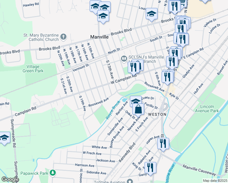 map of restaurants, bars, coffee shops, grocery stores, and more near 1308 Roosevelt Avenue in Manville