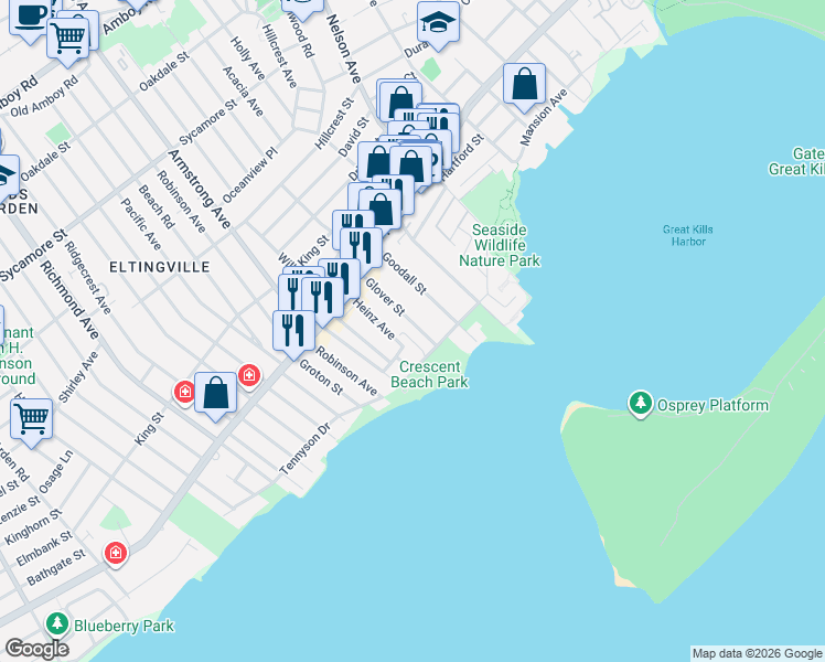 map of restaurants, bars, coffee shops, grocery stores, and more near 84 Glover Street in Staten Island
