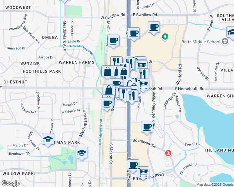 map of restaurants, bars, coffee shops, grocery stores, and more near 3657 S College Ave in Fort Collins
