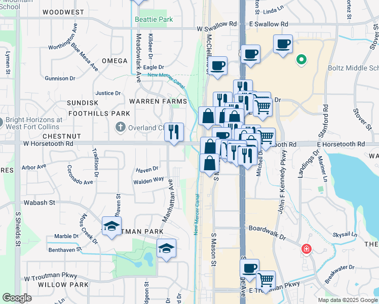 map of restaurants, bars, coffee shops, grocery stores, and more near in Fort Collins