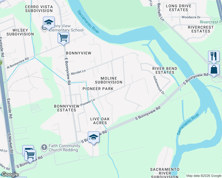 map of restaurants, bars, coffee shops, grocery stores, and more near 5554 Elm Lane in Redding