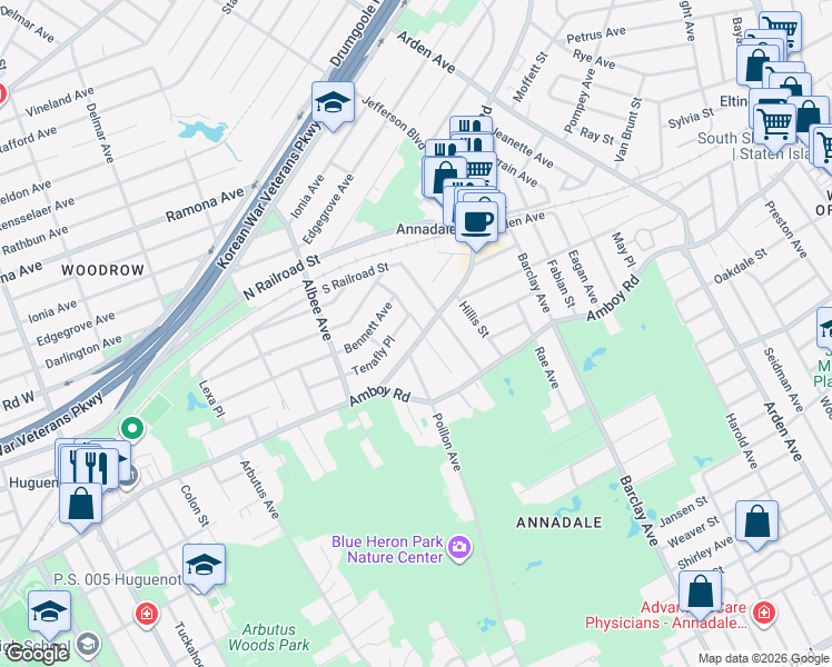 map of restaurants, bars, coffee shops, grocery stores, and more near 1002 Annadale Road in Staten Island