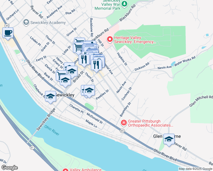 map of restaurants, bars, coffee shops, grocery stores, and more near 720 Beaver Street in Sewickley