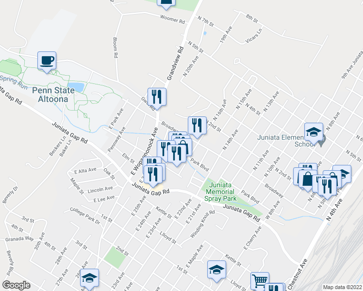 map of restaurants, bars, coffee shops, grocery stores, and more near 2407 Horner Drive in Altoona