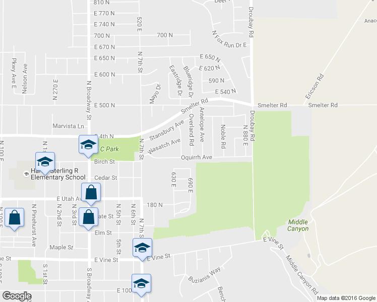 map of restaurants, bars, coffee shops, grocery stores, and more near 347 Overland Road in Tooele