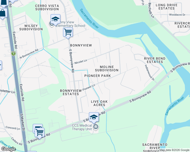 map of restaurants, bars, coffee shops, grocery stores, and more near 5544 Lexi Lane in Redding