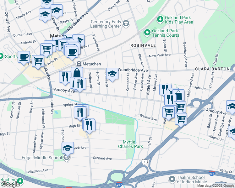 map of restaurants, bars, coffee shops, grocery stores, and more near 158 Amboy Avenue in Metuchen