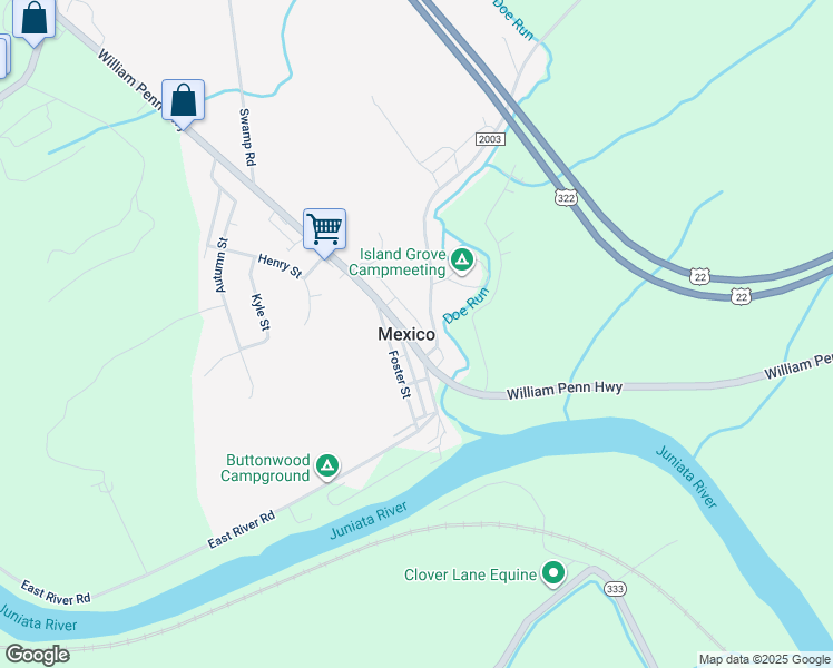 map of restaurants, bars, coffee shops, grocery stores, and more near 6755 William Penn Highway in Mifflintown