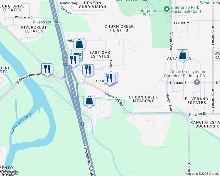 map of restaurants, bars, coffee shops, grocery stores, and more near 5200 Churn Creek Road in Redding