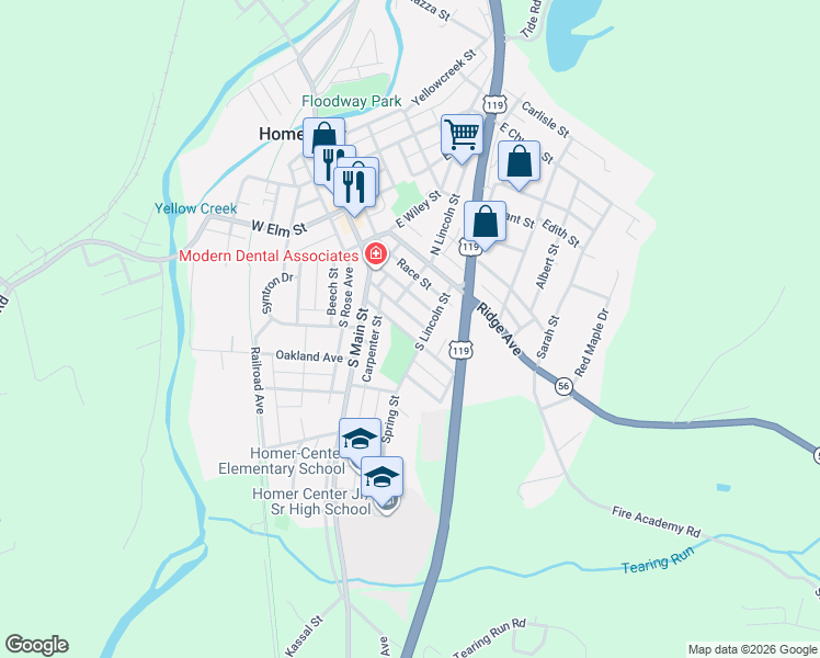 map of restaurants, bars, coffee shops, grocery stores, and more near 64 Harrison Street in Homer City