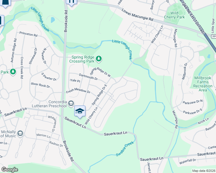 map of restaurants, bars, coffee shops, grocery stores, and more near 5208 Spring Ridge Drive East in Macungie