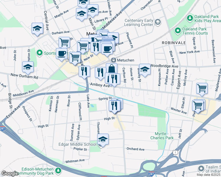 map of restaurants, bars, coffee shops, grocery stores, and more near 287 Amboy Avenue in Metuchen