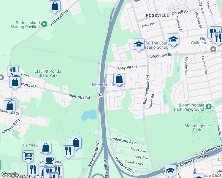 map of restaurants, bars, coffee shops, grocery stores, and more near 149 Sharrotts Road in Staten Island