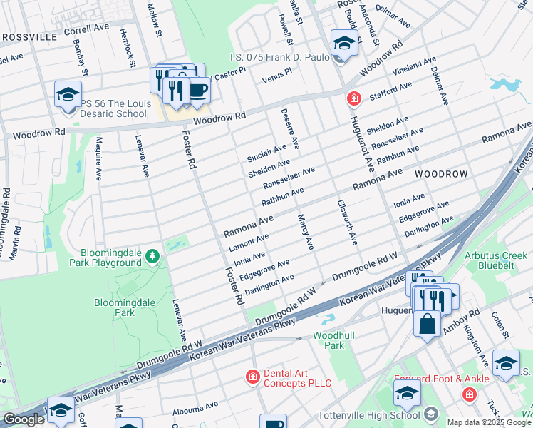 map of restaurants, bars, coffee shops, grocery stores, and more near 487 Ramona Avenue in Staten Island