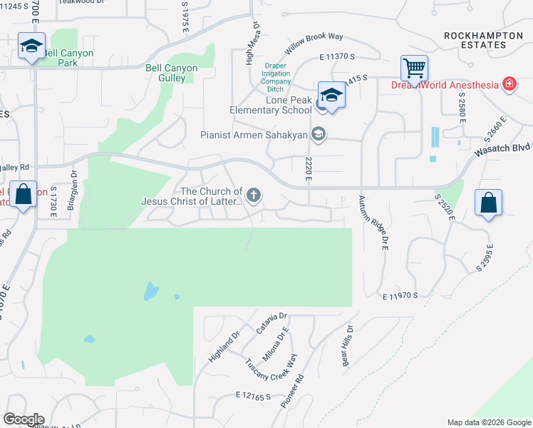 map of restaurants, bars, coffee shops, grocery stores, and more near 11779 South Windcroft Court in Sandy