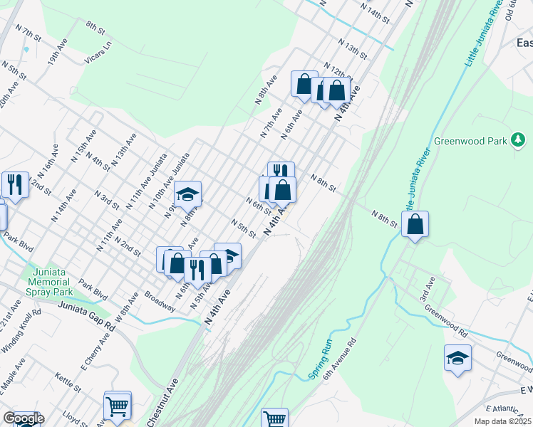 map of restaurants, bars, coffee shops, grocery stores, and more near 409 North 6th Street in Altoona