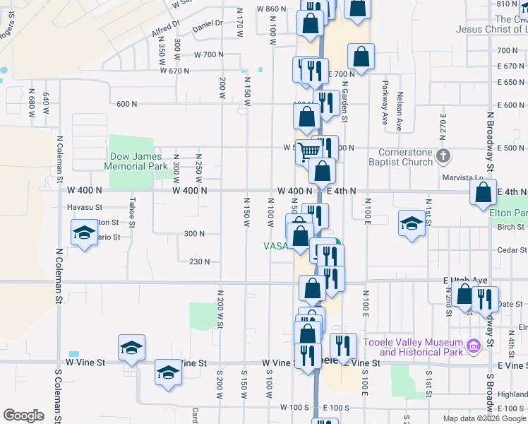 map of restaurants, bars, coffee shops, grocery stores, and more near 353 North 100 West in Tooele