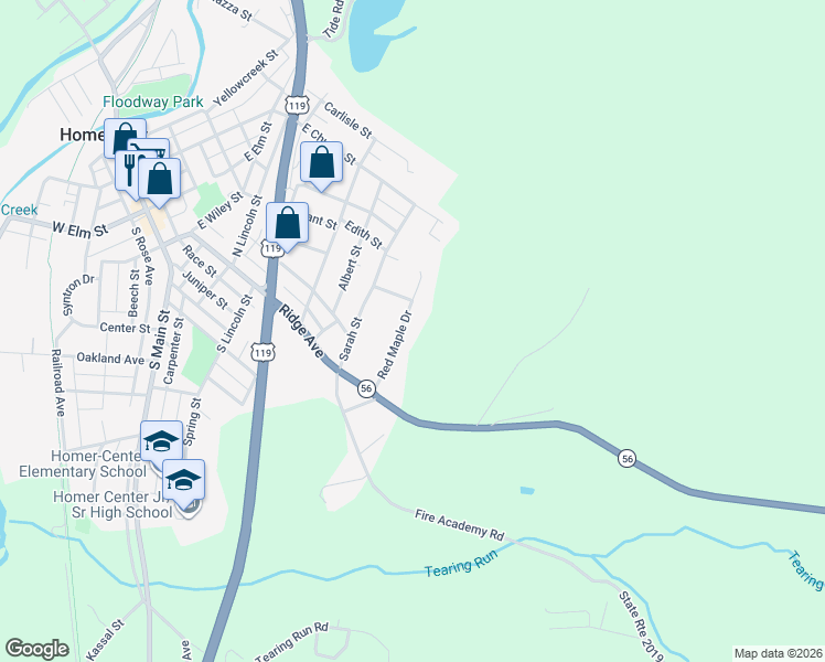 map of restaurants, bars, coffee shops, grocery stores, and more near 150 Red Maple Drive in Homer City