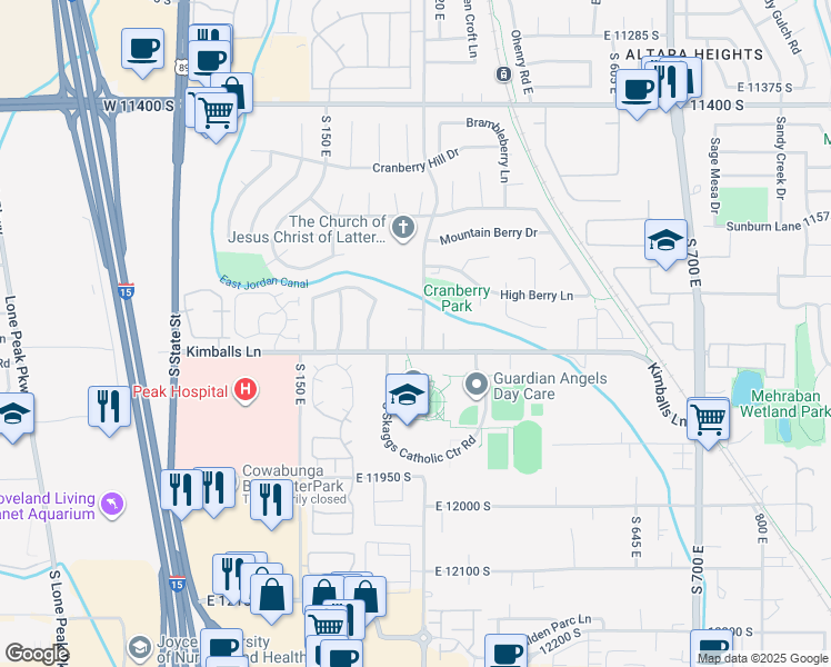 map of restaurants, bars, coffee shops, grocery stores, and more near 11773 Twin Pines Court in Draper