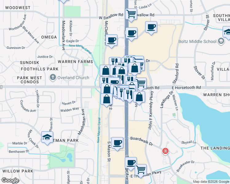map of restaurants, bars, coffee shops, grocery stores, and more near 3617 South College Avenue in Fort Collins