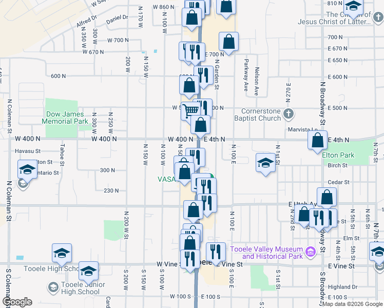 map of restaurants, bars, coffee shops, grocery stores, and more near 365 North Main Street in Tooele