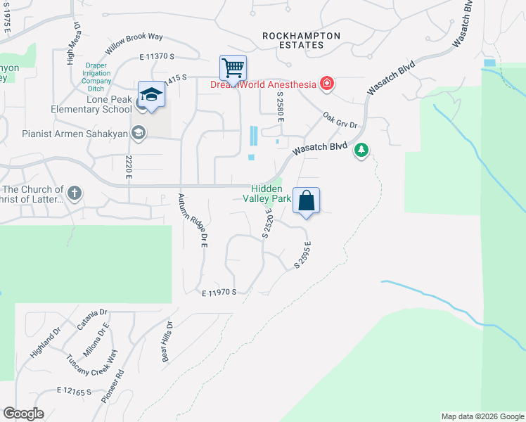 map of restaurants, bars, coffee shops, grocery stores, and more near 11760 Hidden Brook Boulevard in Sandy