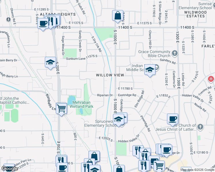 map of restaurants, bars, coffee shops, grocery stores, and more near 955 East South Fork Circle in Sandy