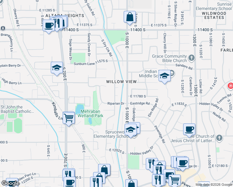 map of restaurants, bars, coffee shops, grocery stores, and more near 955 South Fork Circle in Sandy