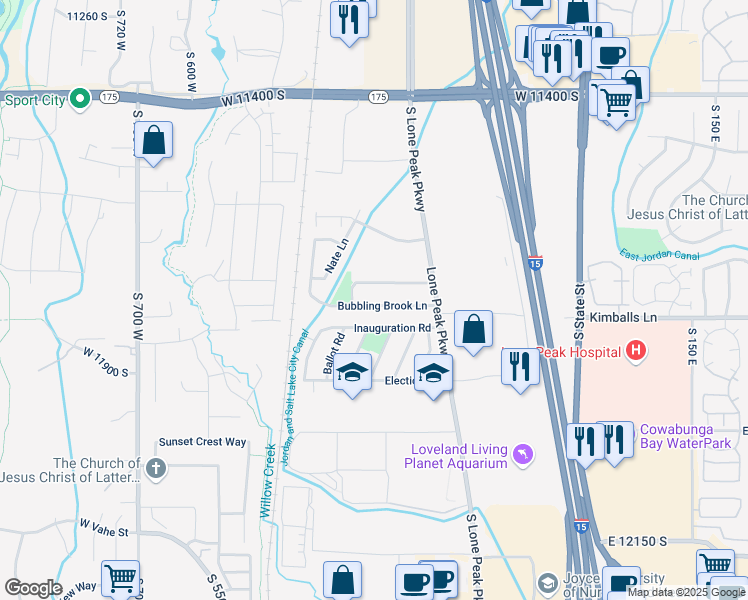 map of restaurants, bars, coffee shops, grocery stores, and more near 280 Bubbling Brook Lane in Draper