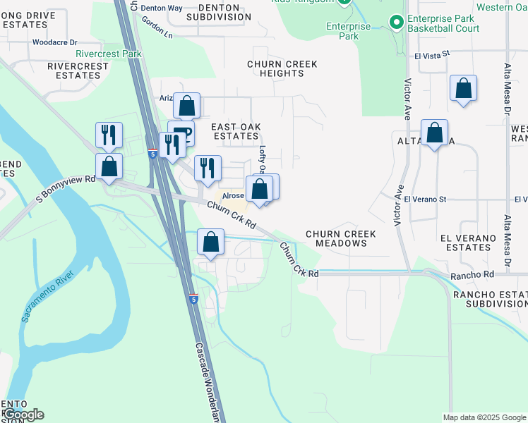 map of restaurants, bars, coffee shops, grocery stores, and more near 5200 Churn Creek Road in Redding