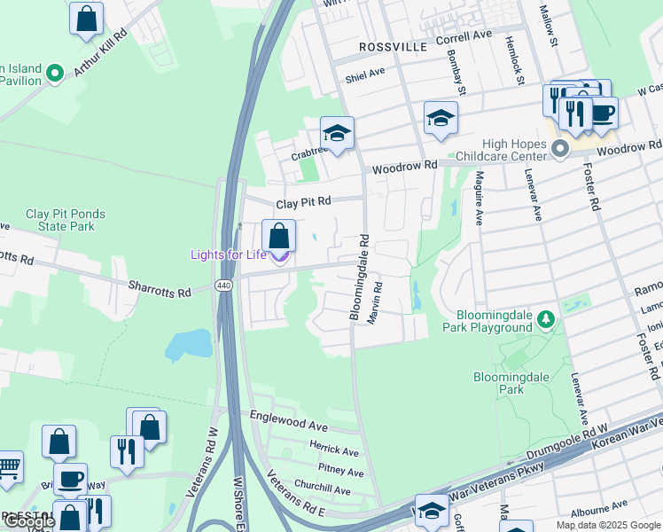 map of restaurants, bars, coffee shops, grocery stores, and more near 62 Sharrotts Road in Staten Island