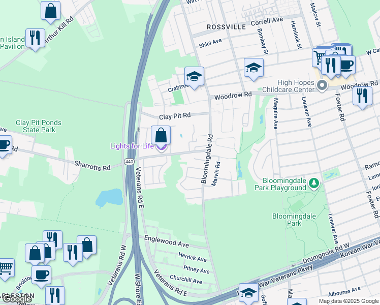 map of restaurants, bars, coffee shops, grocery stores, and more near 62 Sharrotts Road in Staten Island