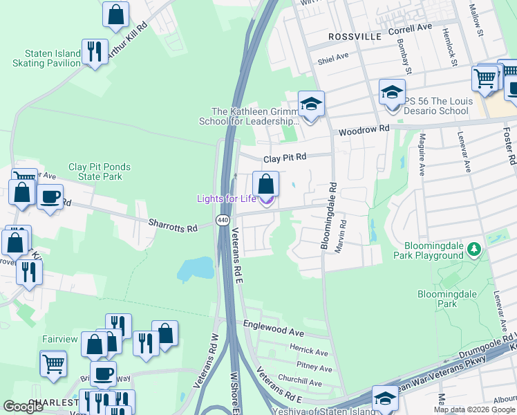 map of restaurants, bars, coffee shops, grocery stores, and more near 149 Sharrotts Road in Staten Island