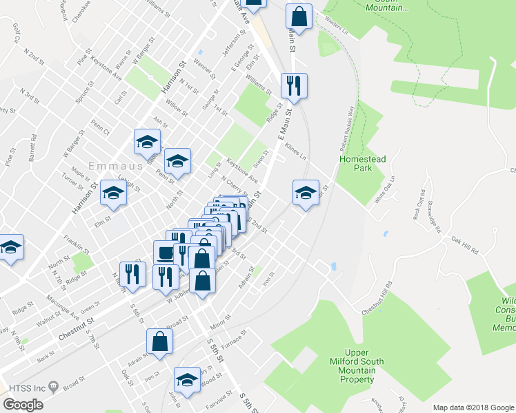map of restaurants, bars, coffee shops, grocery stores, and more near 22 South Cherry Street in Emmaus