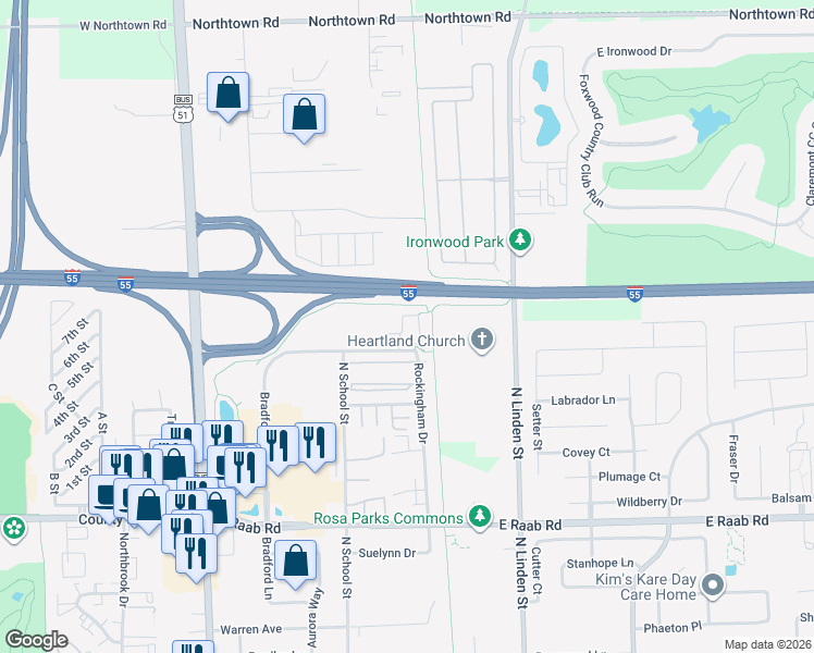 map of restaurants, bars, coffee shops, grocery stores, and more near Constitution Trail in Normal