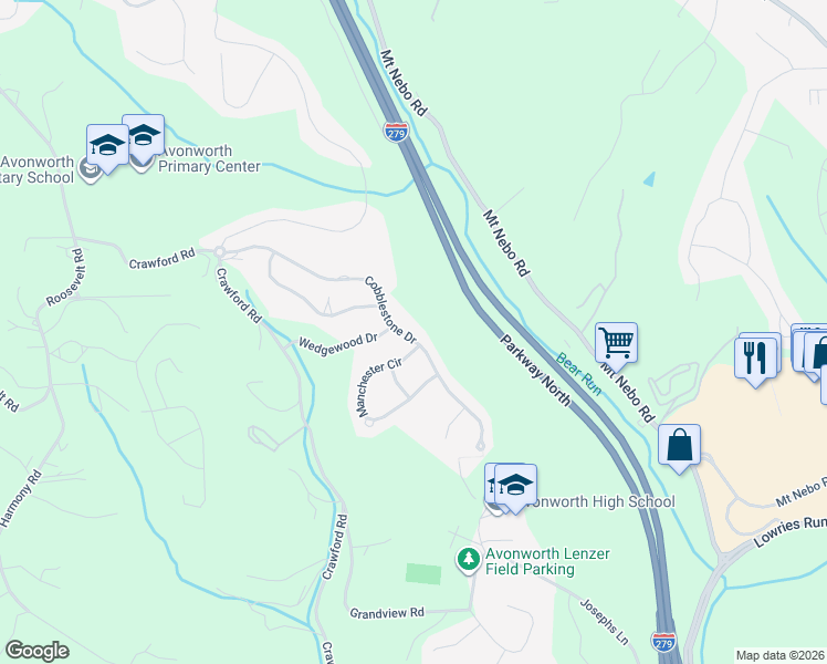 map of restaurants, bars, coffee shops, grocery stores, and more near 201 Cobblestone Drive in Pittsburgh