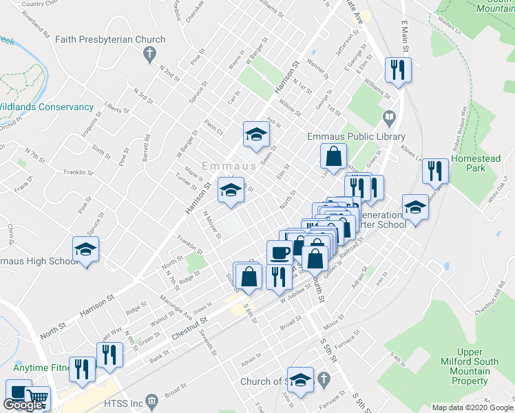 map of restaurants, bars, coffee shops, grocery stores, and more near 225 Warren Street in Emmaus