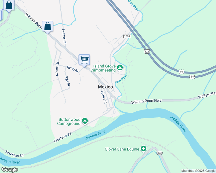map of restaurants, bars, coffee shops, grocery stores, and more near 6755 William Penn Highway in Mifflintown