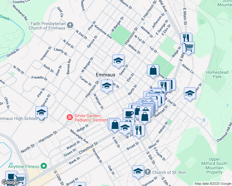 map of restaurants, bars, coffee shops, grocery stores, and more near 225 Warren Street in Emmaus