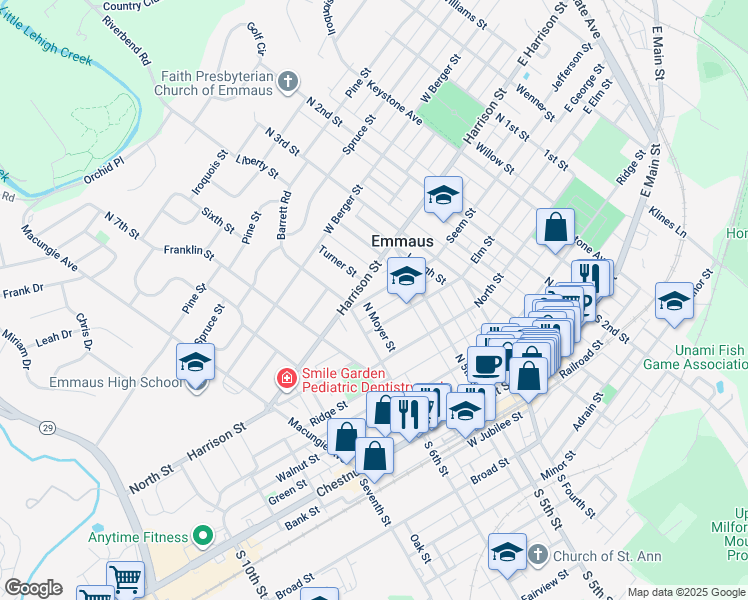 map of restaurants, bars, coffee shops, grocery stores, and more near 542 Seem Street in Emmaus