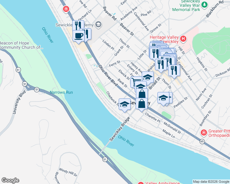 map of restaurants, bars, coffee shops, grocery stores, and more near 320 Ohio River Boulevard in Sewickley