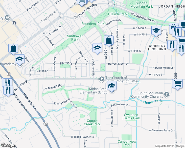 map of restaurants, bars, coffee shops, grocery stores, and more near 11762 Oakmond Road in South Jordan