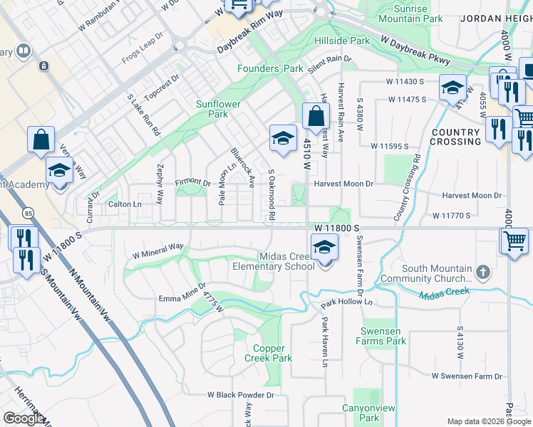 map of restaurants, bars, coffee shops, grocery stores, and more near 11766 Oakmond Road in South Jordan