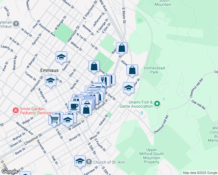 map of restaurants, bars, coffee shops, grocery stores, and more near 176 Main Street in Emmaus
