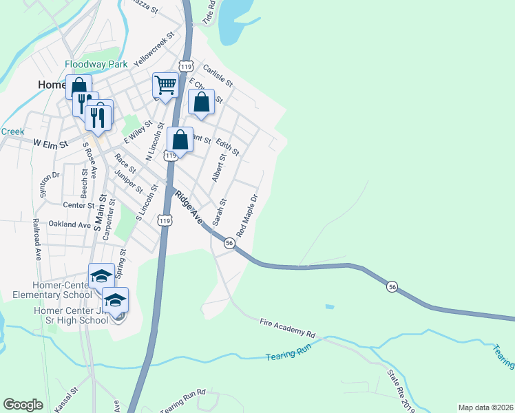 map of restaurants, bars, coffee shops, grocery stores, and more near 150 Red Maple Drive in Homer City