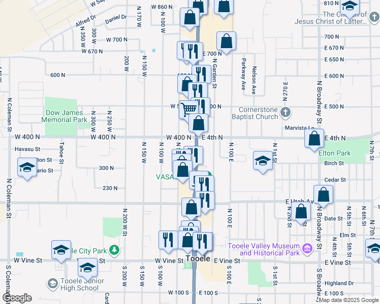 map of restaurants, bars, coffee shops, grocery stores, and more near 365 North Main Street in Tooele