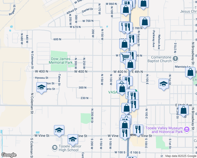 map of restaurants, bars, coffee shops, grocery stores, and more near 354 200 North in Tooele