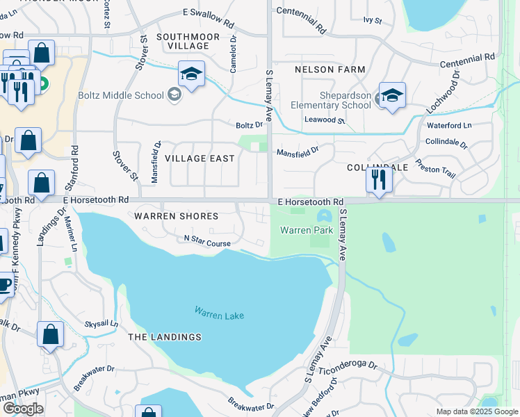 map of restaurants, bars, coffee shops, grocery stores, and more near 1024 Driftwood Drive in Fort Collins