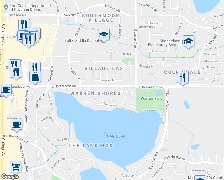 map of restaurants, bars, coffee shops, grocery stores, and more near 918 Driftwood Drive in Fort Collins